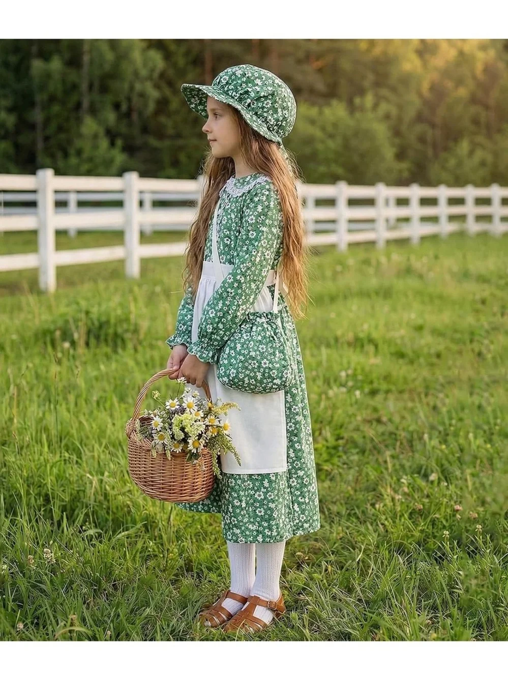 New Girls Pioneer Floral Prairie Dress Costume Small Green Apron Bonnet Bag sock